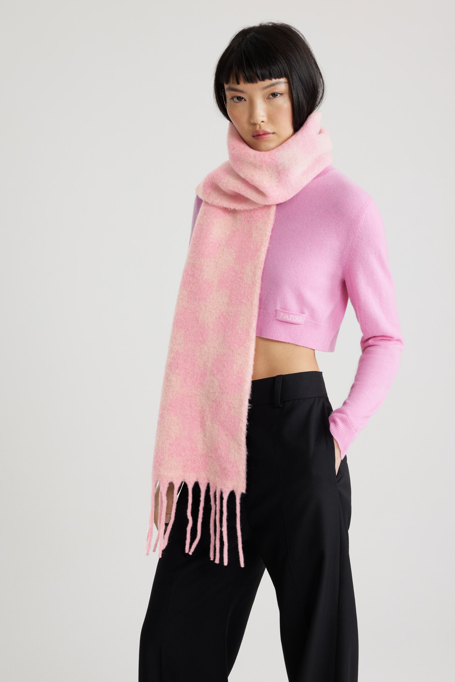 Patou - JP scarf in baby alpaca blend - Rosebloom Pink - Rosebloom Pink baby alpaca blend scarf. JP monogram. Fringed edges. Square Patou label.