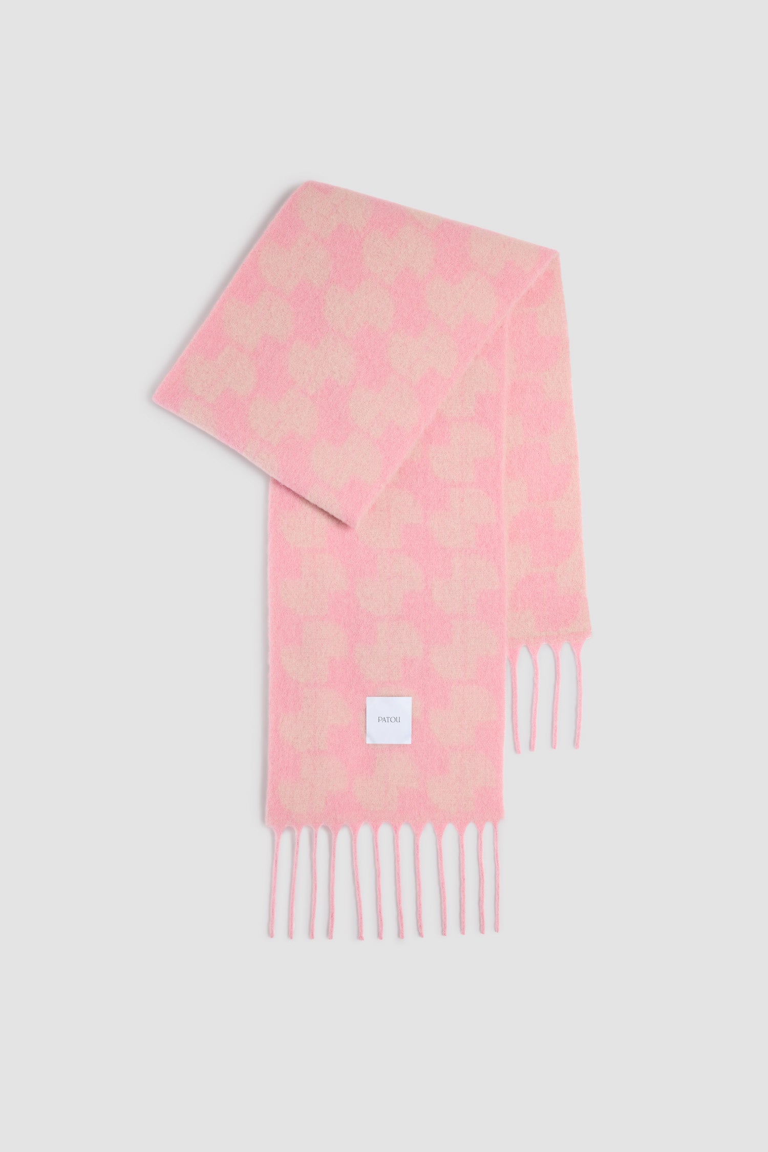 Patou - JP scarf in baby alpaca blend - Rosebloom Pink - Rosebloom Pink baby alpaca blend scarf. JP monogram. Fringed edges. Square Patou label.