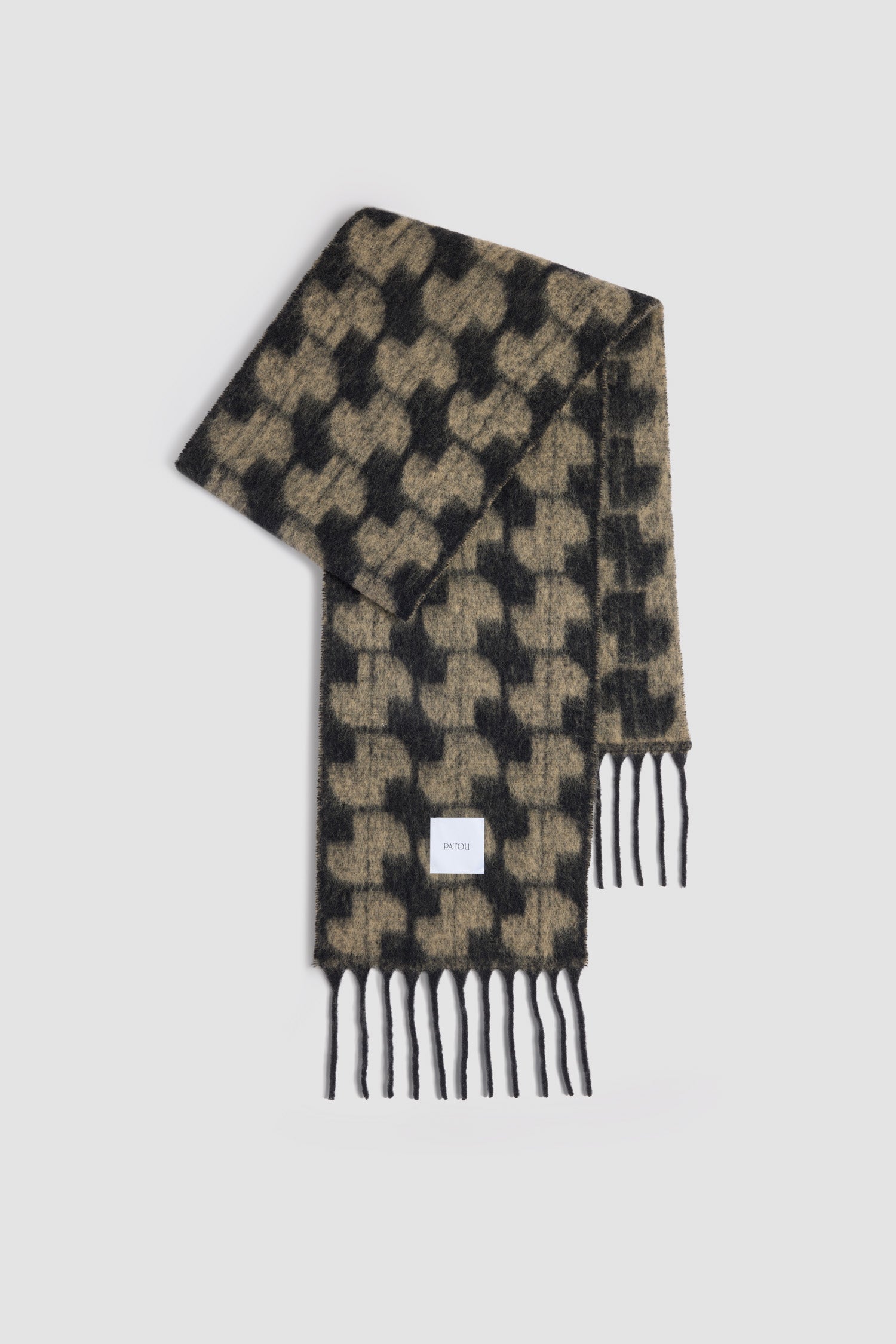 Patou - JP scarf in baby alpaca blend - Black Chestnut - Black and Chesnut brown baby alpaca blend scarf. JP monogram. Fringed edges. Square Patou label.