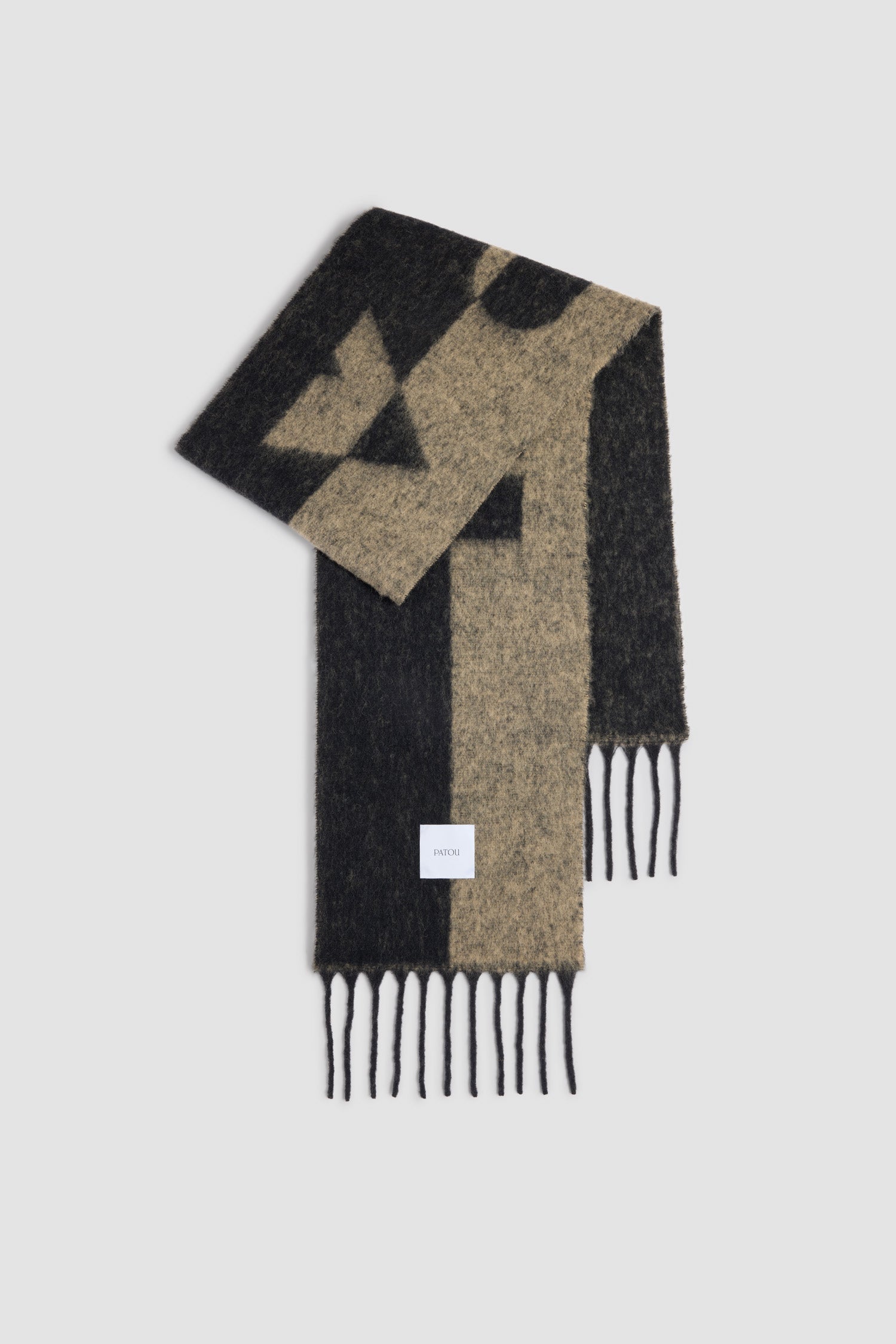 Patou - Sciarpa Patou in misto baby alpaca - Black Chestnut - Sciarpa in misto baby alpaca nero e marrone castagna. Patou in stile Art Déco. Frange. Etichetta Patou quadrata.