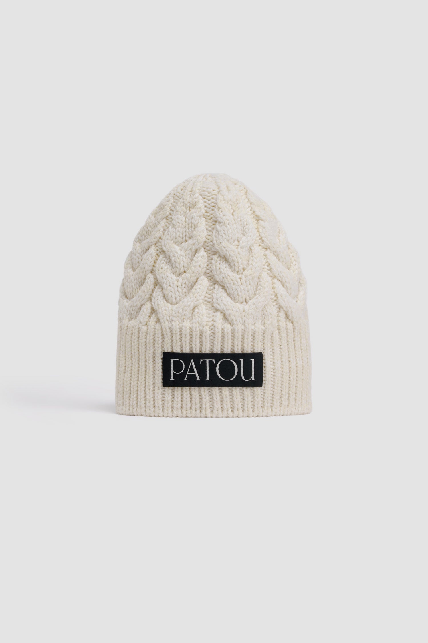 Patou - Cable knit beanie in sustainable wool - White - White sustainable wool beanie. Cable knit. Patou label at the front.