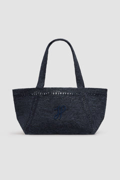 Großer trapezförmiger Patou Shopper mit Logo aus Raffiabast