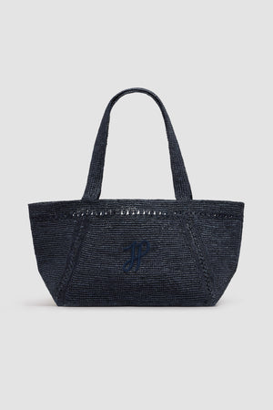 Large JP monogram trapeze tote in raffia