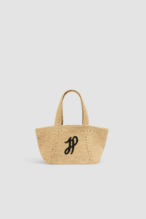 Petit cabas trapèze à monogramme JP en raphia