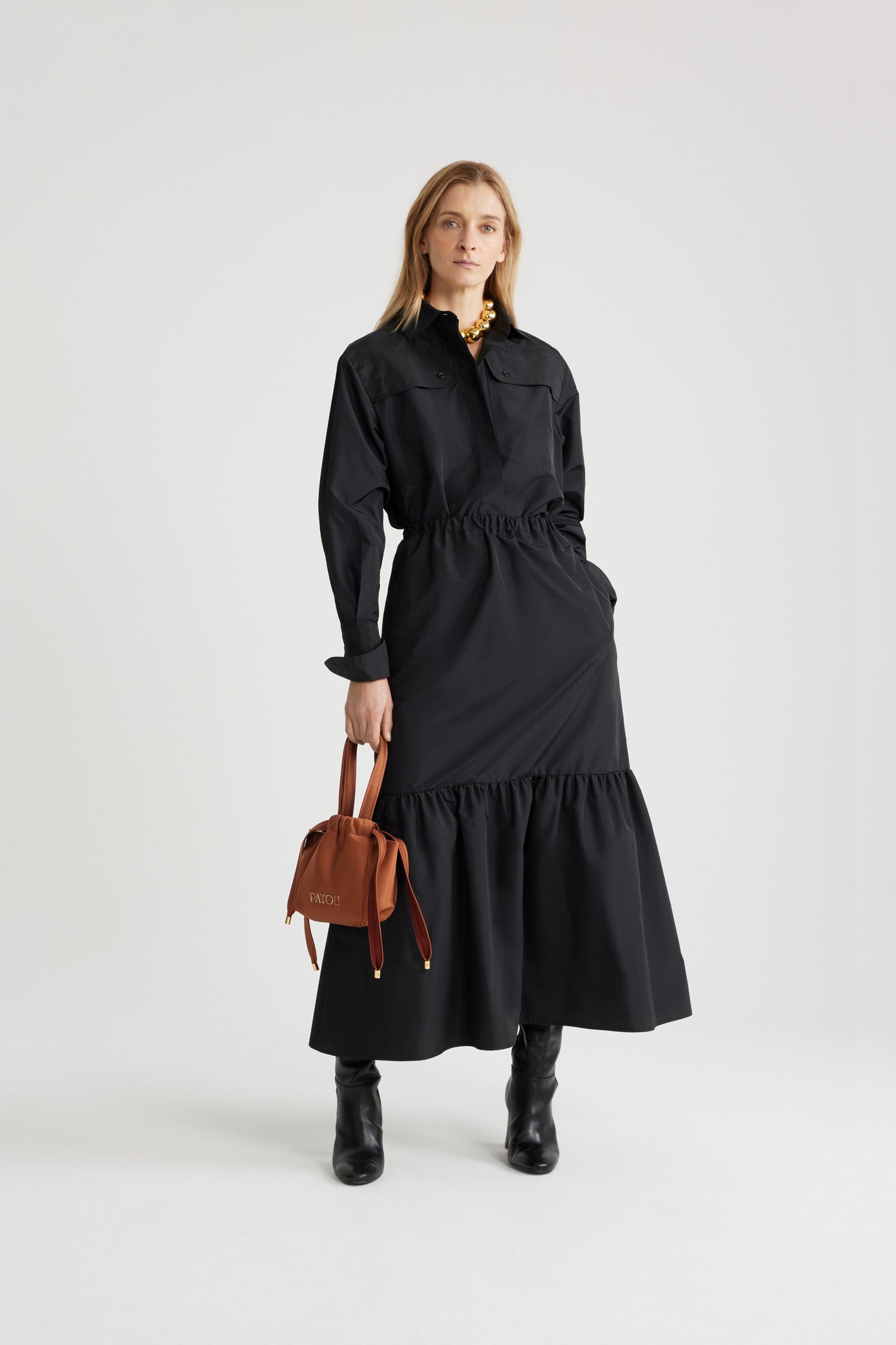 Patou - Safari shirt in recycled faille - Black - Black recycled polyester faille shirt. Straight silhouette. Shirt collar. Concealed JP-engraved mother-of-pearl buttons. High chest flap pockets. Buttoned French cuffs.