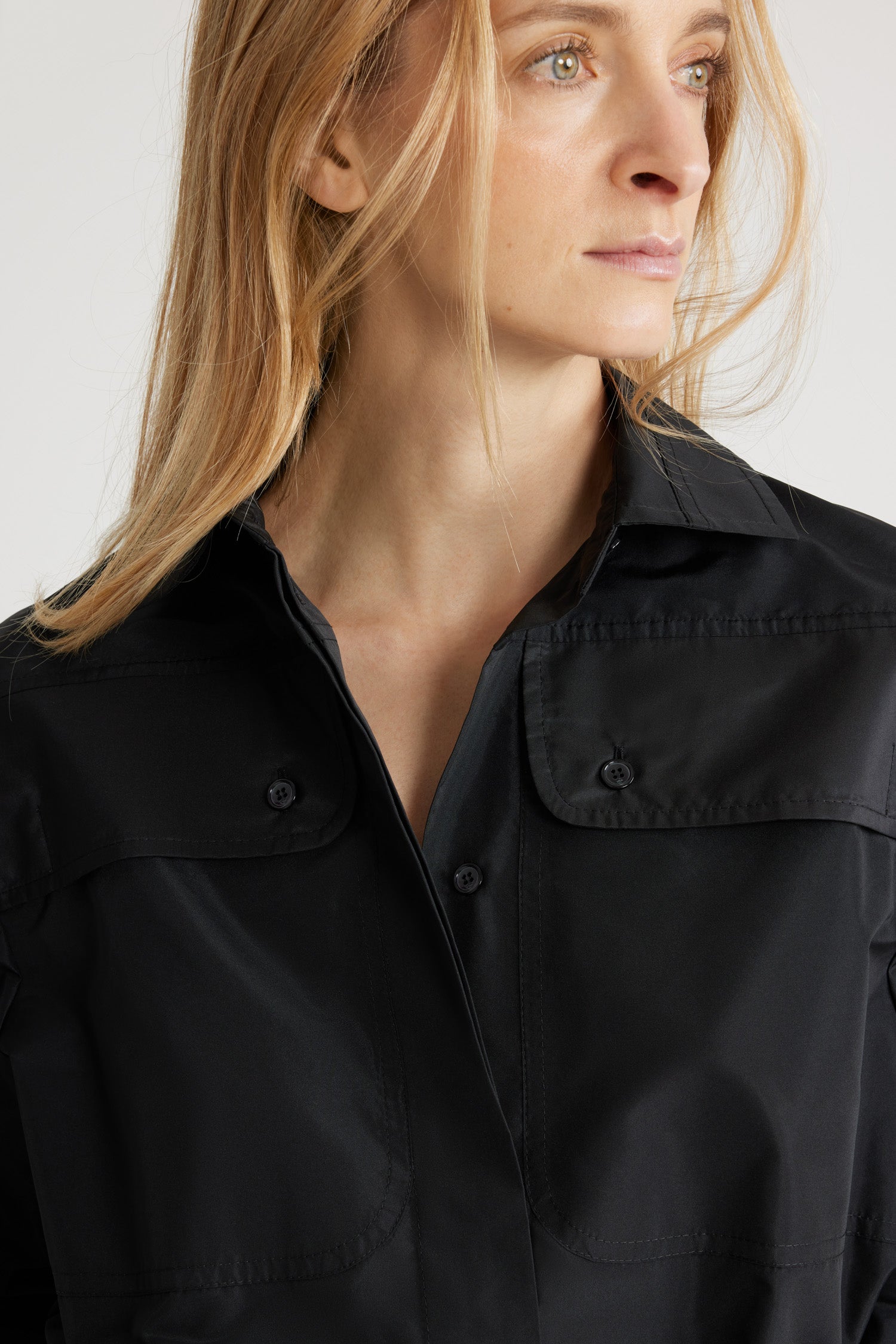 Patou - Safari shirt in recycled faille - Black - Black recycled polyester faille shirt. Straight silhouette. Shirt collar. Concealed JP-engraved mother-of-pearl buttons. High chest flap pockets. Buttoned French cuffs.
