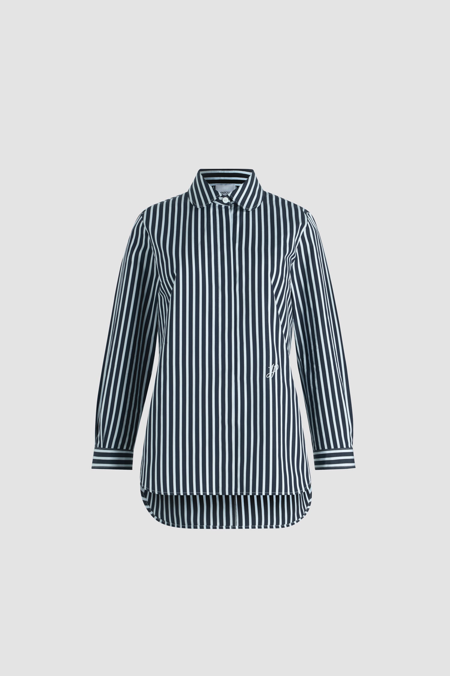 Patou - Tailored shirt in printed organic cotton poplin - Navy Stripes - Navy organic cotton poplin shirt. Striped pattern. Peter Pan collar. Concealed button front fastening. Cropped sleeves with buttoned cuffs. Embroidered JP calligraphy monogram at the front. Asymmetric front to back hem.
