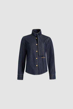 Scarf collar blouse in cotton blend denim