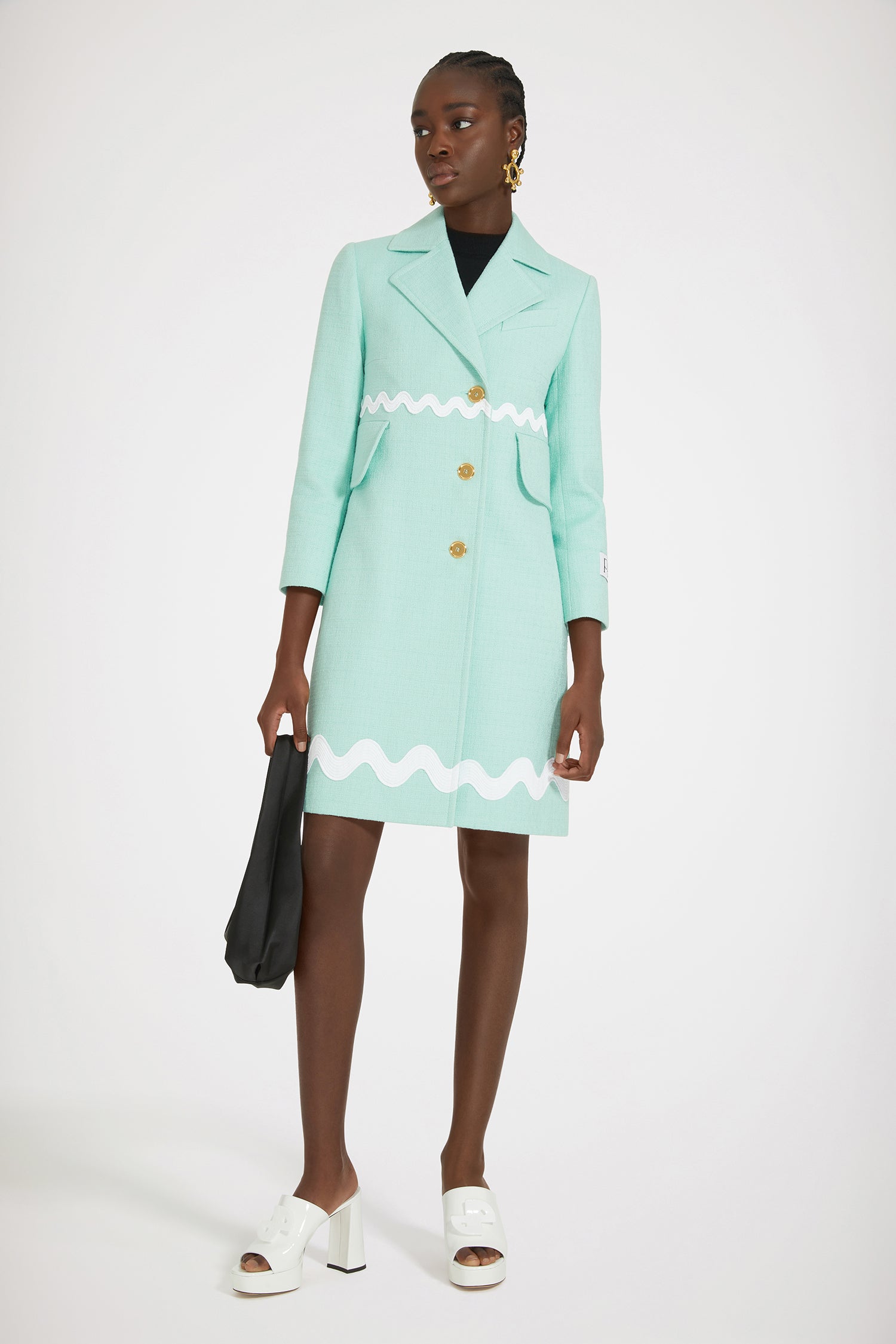 Patou - Wave summer coat in cotton tweed - Mint Green - The perfect summer layer.Mint green cotton tweed coat. Mid length. A-line silhouette. Single-breasted style with off-center placket. Notch lapels. Chest pocket. High flap pockets. Contrast wave trims. Gold-tone Patou-engraved buttons. Cropped sleeves. Patou label on the left sleeve.This style is very fitted. We suggest ordering one size up or wearing it over skintight layers.