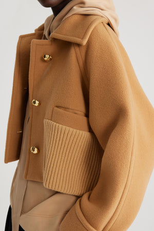 Rib waist cropped coat in wool and cashmere blend
