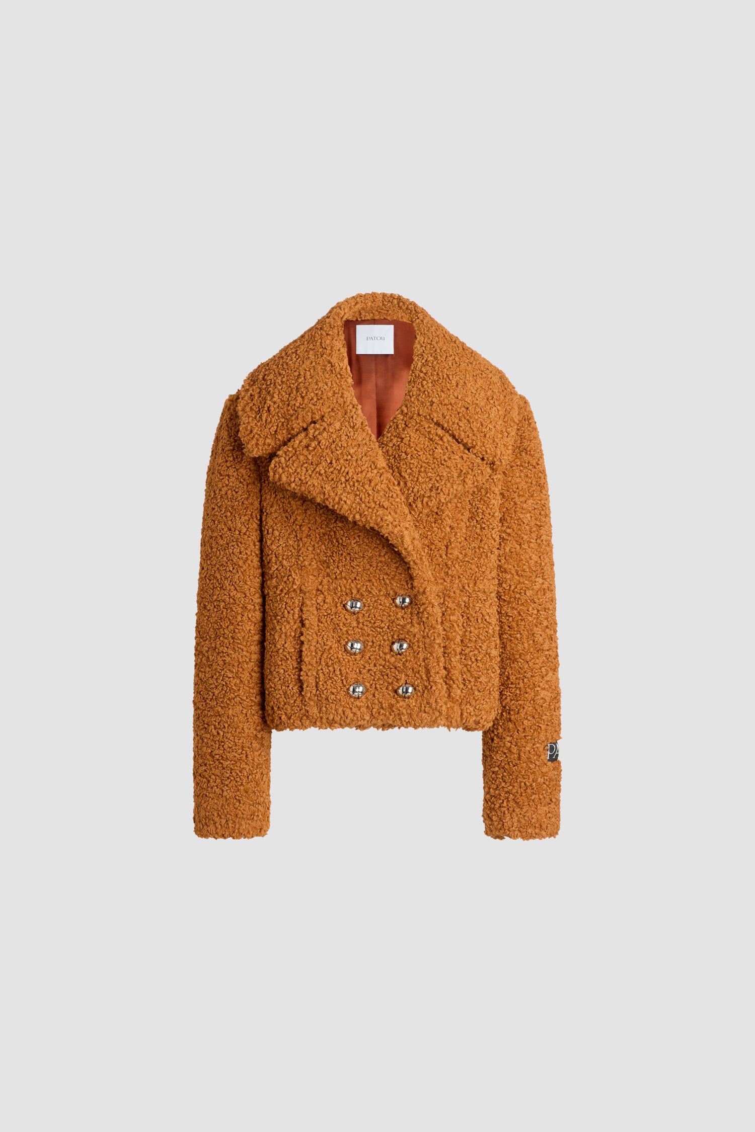 Patou - Cropped double-breasted coat in recycled faux fur - Pumpkin Spice - Pumpkin Spice brown recycled faux fur coat. Cropped length. Straight silhouette. Double-breasted construction. Wide peak lapel. Silver-tone half-sphere JP monogram buttons. Curved seams at the front. Seam pockets. Patou logo label on the left sleeve. Lined.