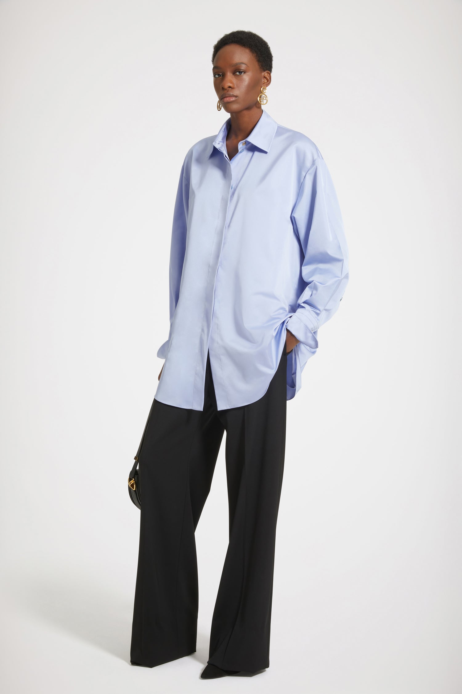 Patou - Mini shirt dress in eco-friendly satin - Alaska Blue - Layered or on its own, a new shape to make your own.Alaska Blue recycled polyester satin dress. Short length. Loose silhouette. Shirt collar. Gold-tone JP-engraved buttons. Concealed button fastening. Buttoned cuffs.Oversize style.