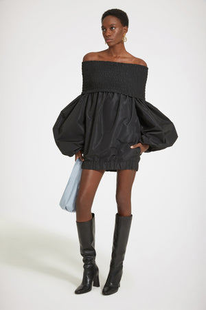 Off-the-shoulder smock mini dress in eco-friendly faille