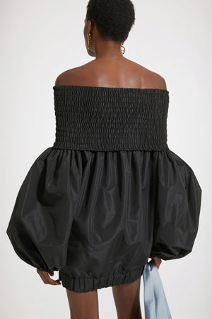 Off-the-shoulder smock mini dress in eco-friendly faille