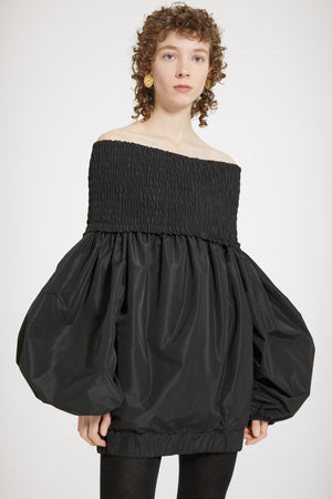 Off-the-shoulder smock mini dress in eco-friendly faille