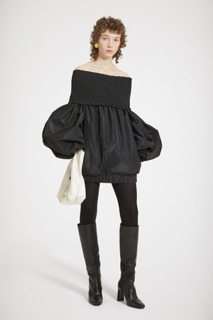 Off-the-shoulder smock mini dress in eco-friendly faille
