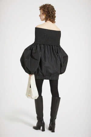 Off-the-shoulder smock mini dress in eco-friendly faille