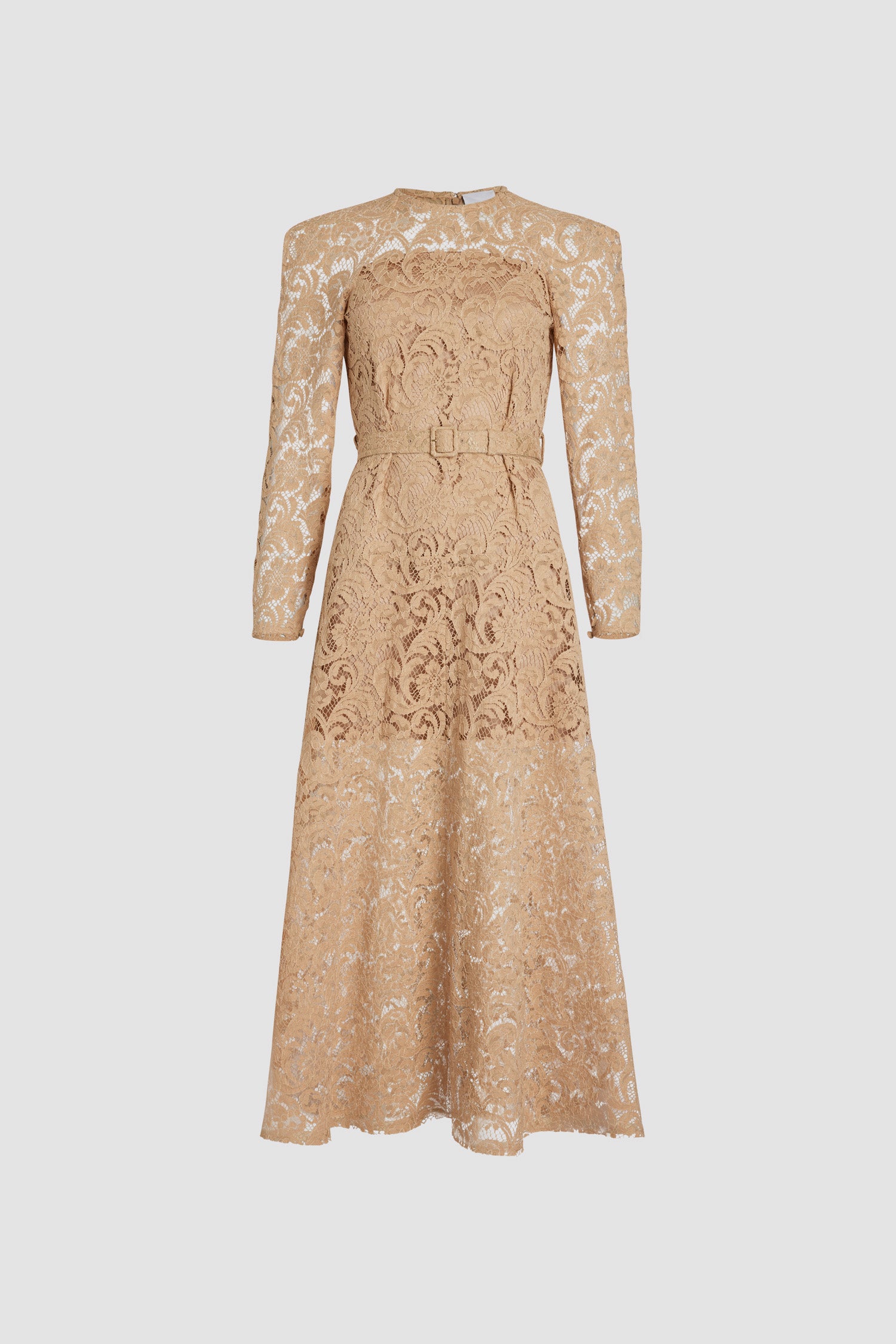 Patou - Vestito maxi in pizzo di cotone bio - Gray Sand - Vestito in pizzo di cotone bio e viscosa ecosostenibile color sabbia. Lunghezza maxi. Collo tondo. Spalle squadrate. Maniche raglan. Chiusura con bottoni sul retro e ai polsini con bottoni in madreperla incisi JP. Cintura in vita. Sottoveste.Questo modello è aderente in vita.