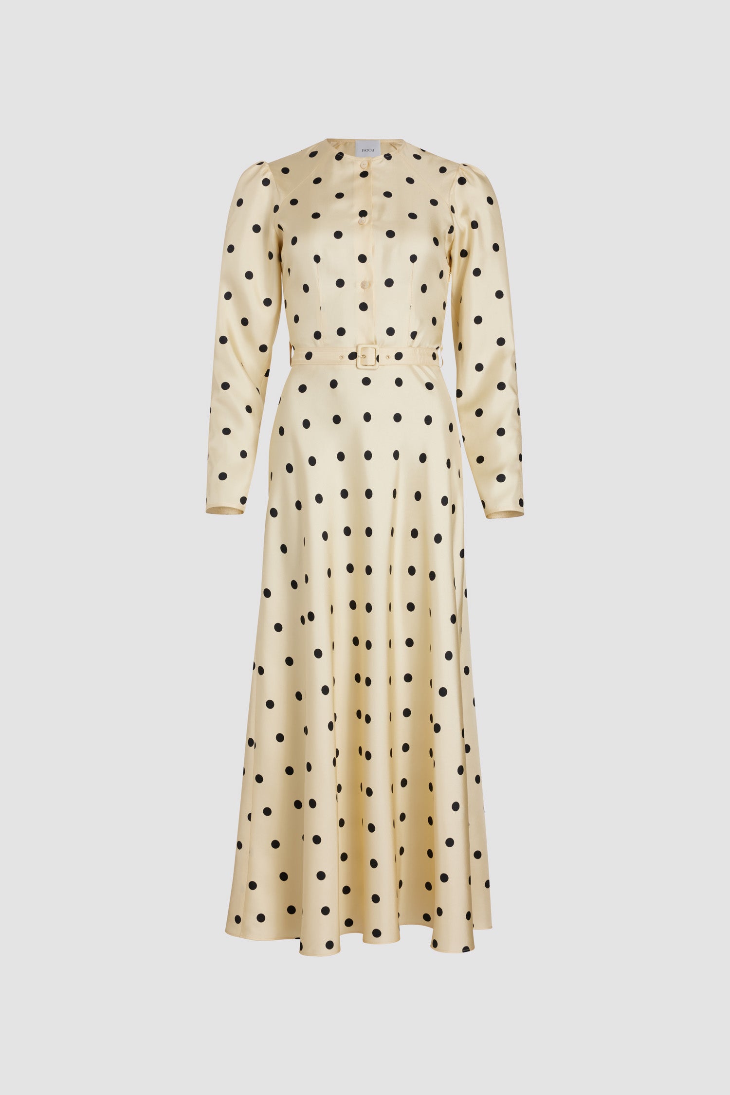 Patou - Belted maxi dress in printed organic silk - Angora Dots - Angora off-white organic silk dress. Polka dot print. Maxi length. Fit and flare silhouette. Round neck. JP-engraved mother-of-pearl buttons at the front. Raglan sleeves. Puff shoulders. Adjustable belt at the waist.This style is fitted at the bodice and waist.