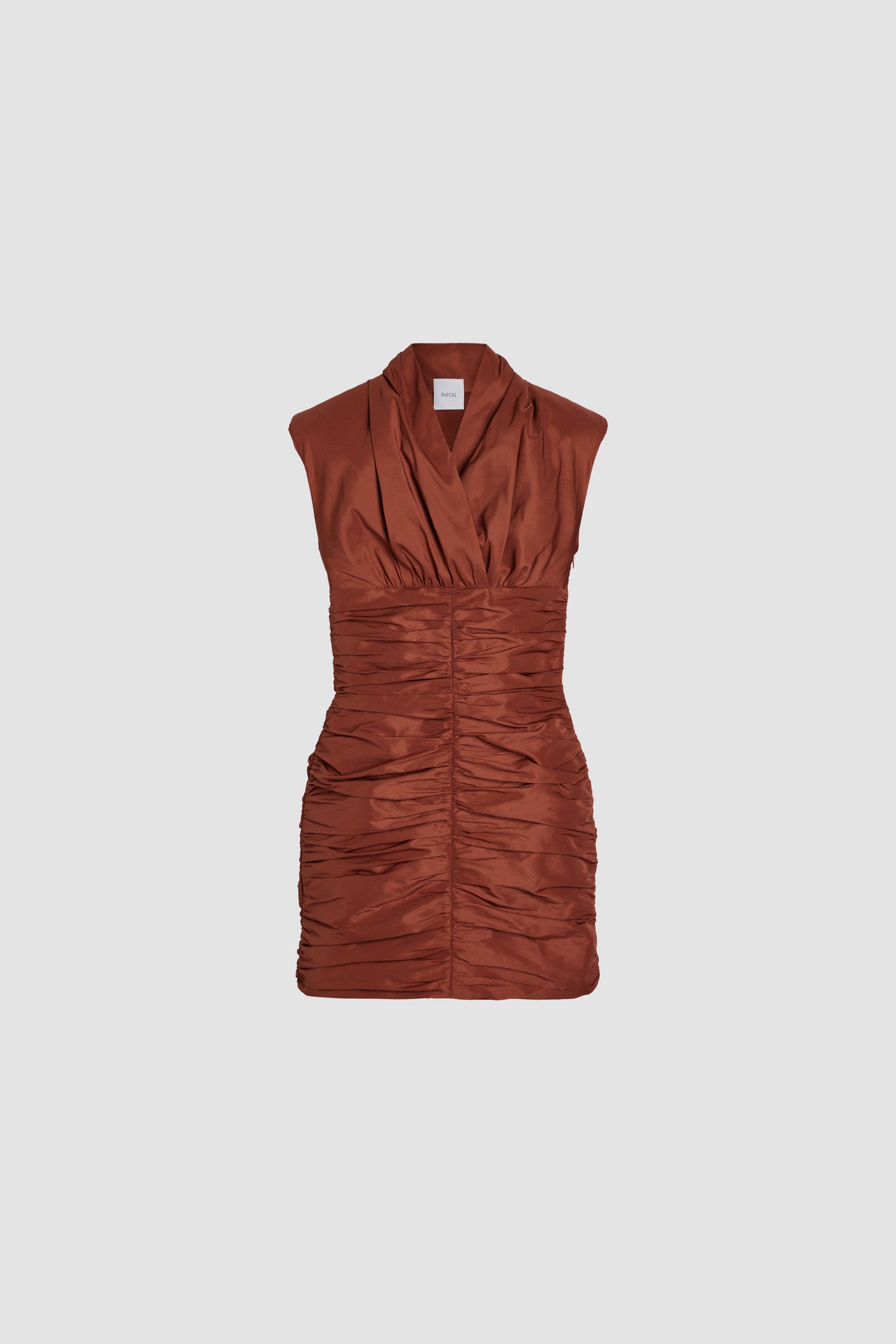Patou - Open back mini dress in recycled faille - Cinnamon - Cinnamon brown recycled polyester faille dress. Short length. Fitted ruched silhouette. Wrap front and back with opening at the rear. Zip fastening at the side.