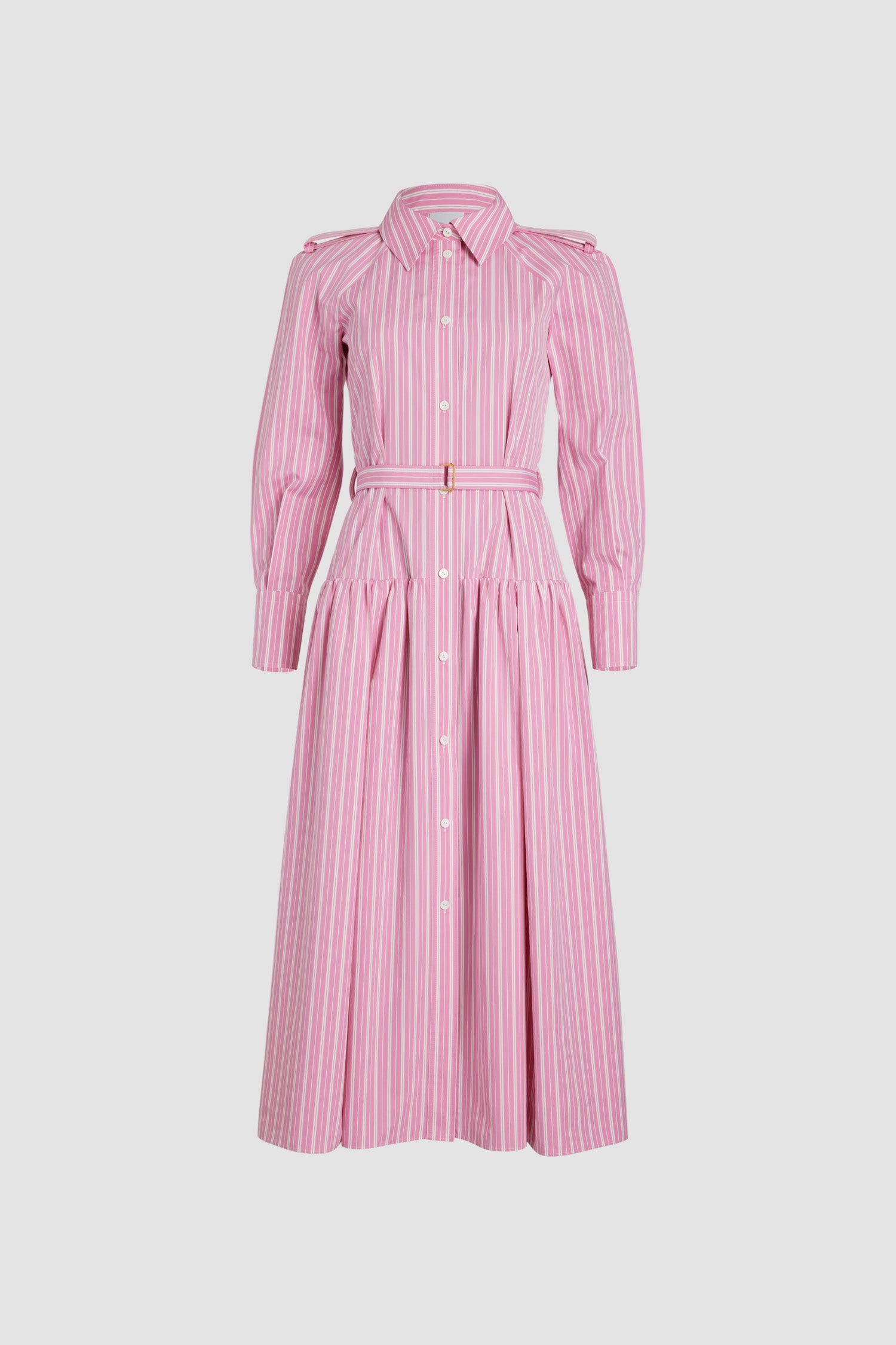 Patou - Maxi shirt dress in printed sustainable cotton - Pink Stripes - Pink sustainable cotton poplin dress. Striped pattern. Maxi length. Full volume tiered skirt. Shirt collar. JP-engraved mother-of-pearl buttons. Shoulder tabs. Raglan sleeves. Buttoned cuffs. Removable belt at the waist with gold-tone buckle.
