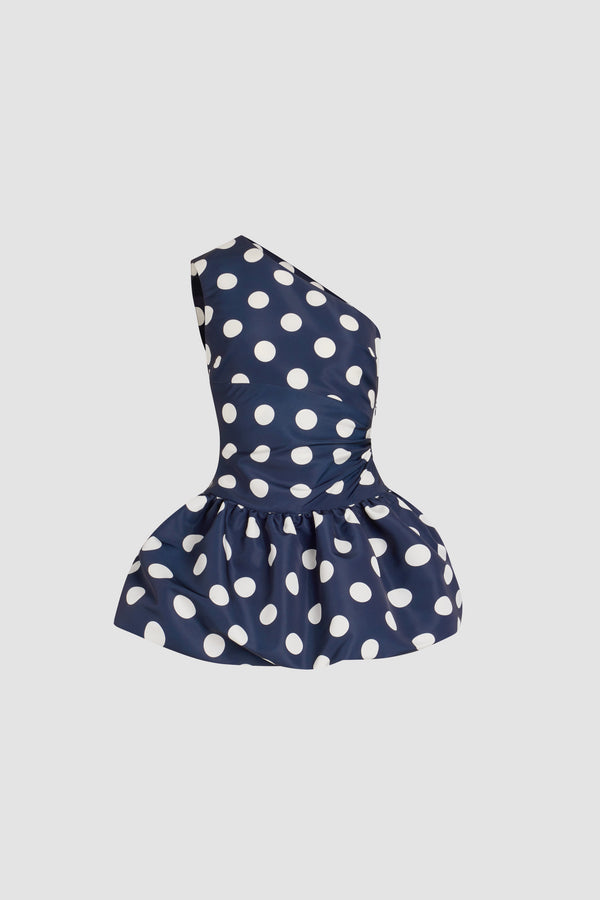 Patou - Minikleid mit einer Schulter aus bedruckter recyceltem Faille - Navy Polka Dots - Marineblaues Kleid aus recyceltem Polyester-Faille. Gepunktet. Minilänge. Asymmetrische Silhouette mit einer Schulter. Drapiertes Oberteil. Seitlicher Reißverschluss. Ballonrock.