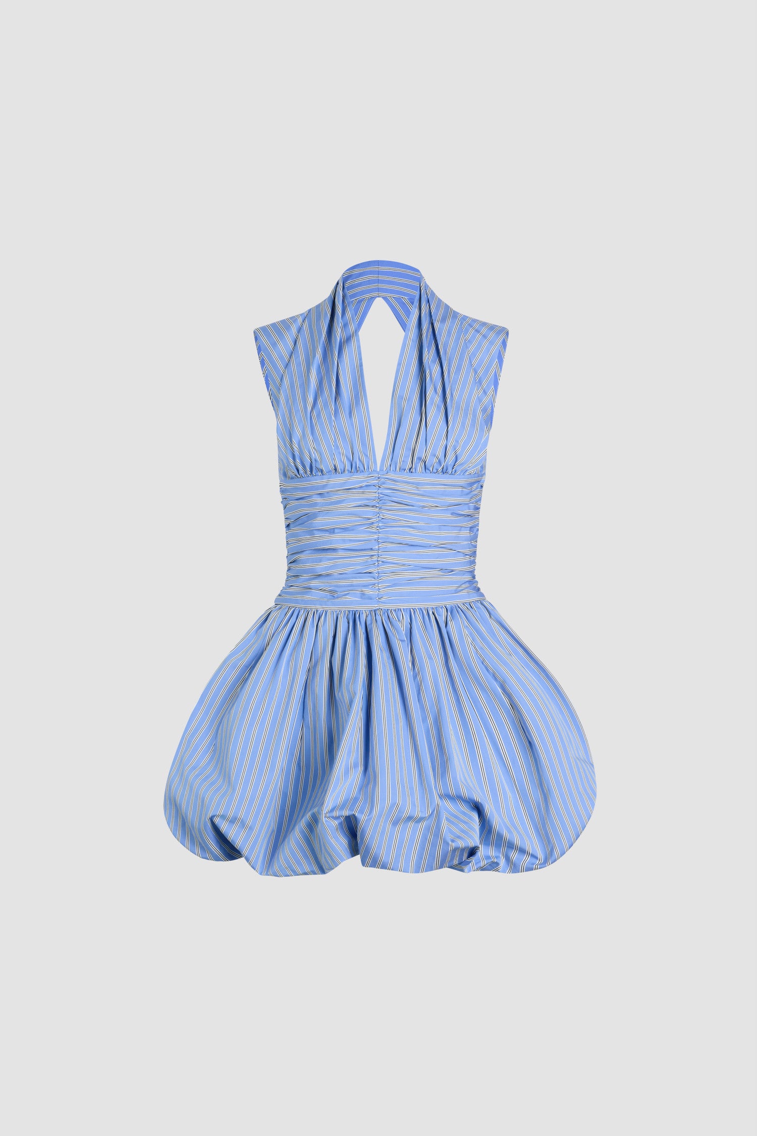 Patou - Open back bubble mini dress in printed organic cotton poplin - Heritage Blue Stripes - Heritage Blue organic cotton poplin dress. Striped pattern. Mini length. Fitted bodice with ruching at the waist. Halterneck with deep V neckline. Open back. Bubble skirt.