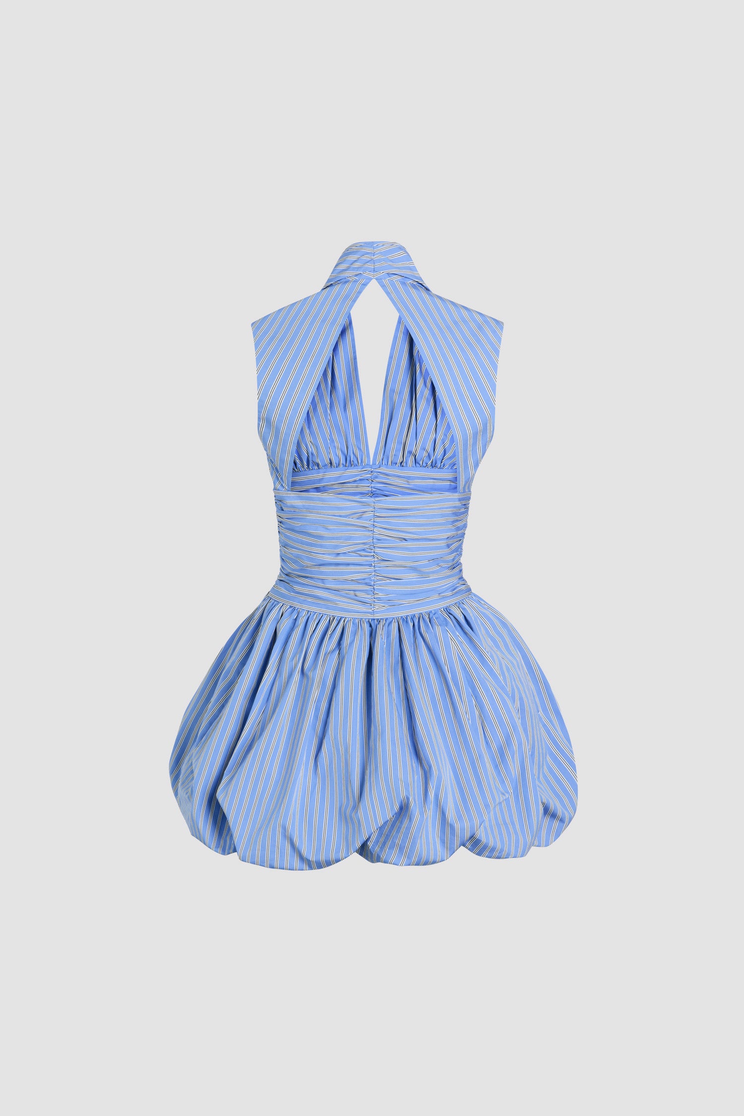 Patou - Open back bubble mini dress in printed organic cotton poplin - Heritage Blue Stripes - Heritage Blue organic cotton poplin dress. Striped pattern. Mini length. Fitted bodice with ruching at the waist. Halterneck with deep V neckline. Open back. Bubble skirt.