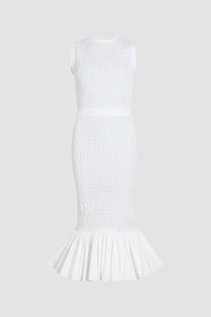 Robe midi smockée à ourlet volanté en faille recyclé