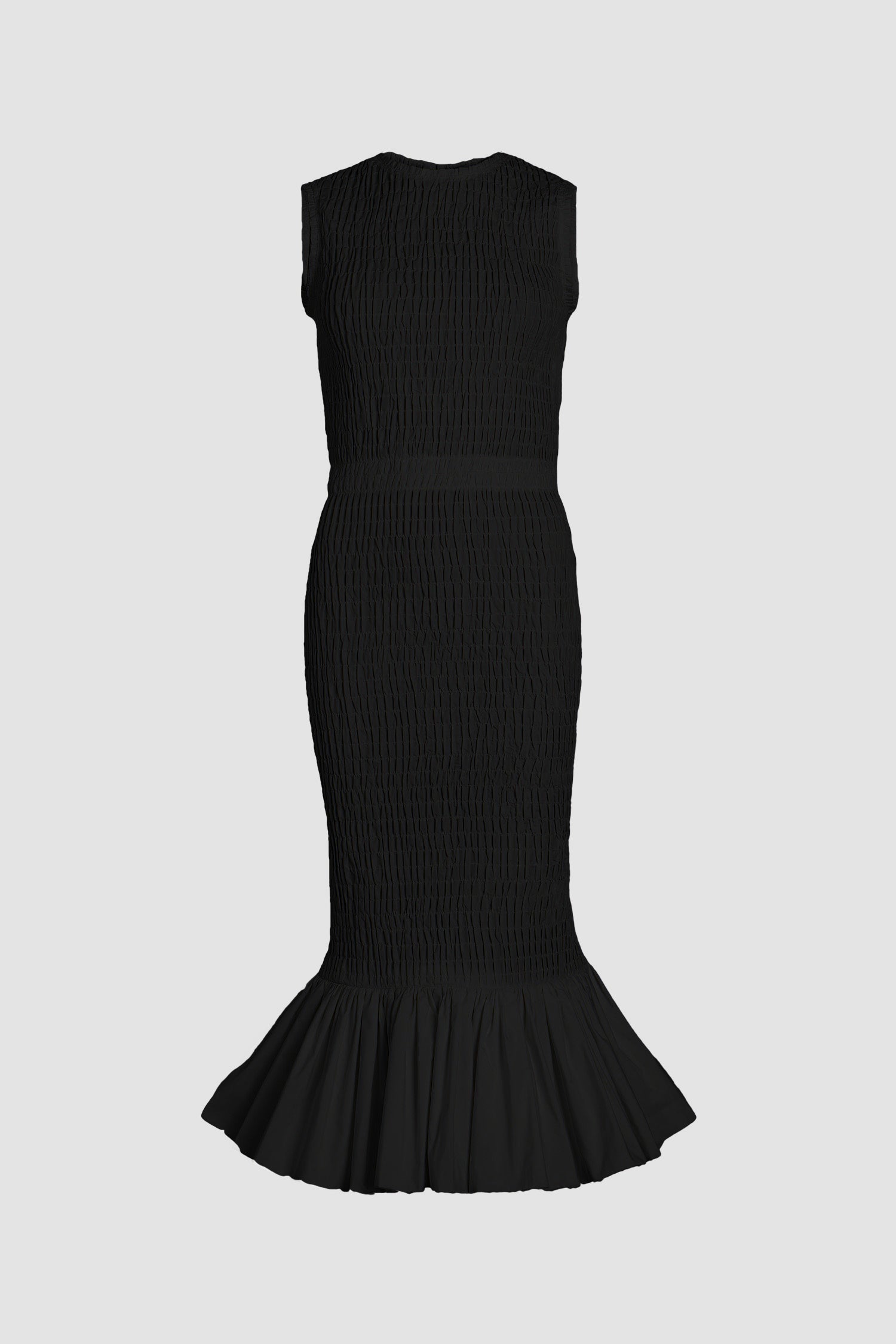 Patou - Vestito midi con orlo a balza in faglia riciclato - Black - Vestito in faglia riciclato nero. Lavorazione a nido d'ape. Lunghezza midi. Vestibilità aderente. Modello smanicato. Chiusura con zip oro sul retro. Vita elasticizzata. Orlo a balza.Questo capo fa parte della capsule Cérémonie creata per le occasioni speciali.