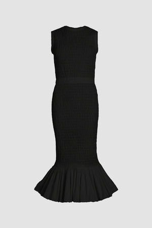 Robe midi smockée à ourlet volanté en faille recyclé