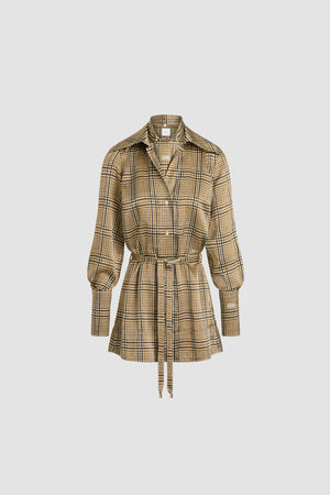 Scarf collar mini shirt dress in printed organic silk