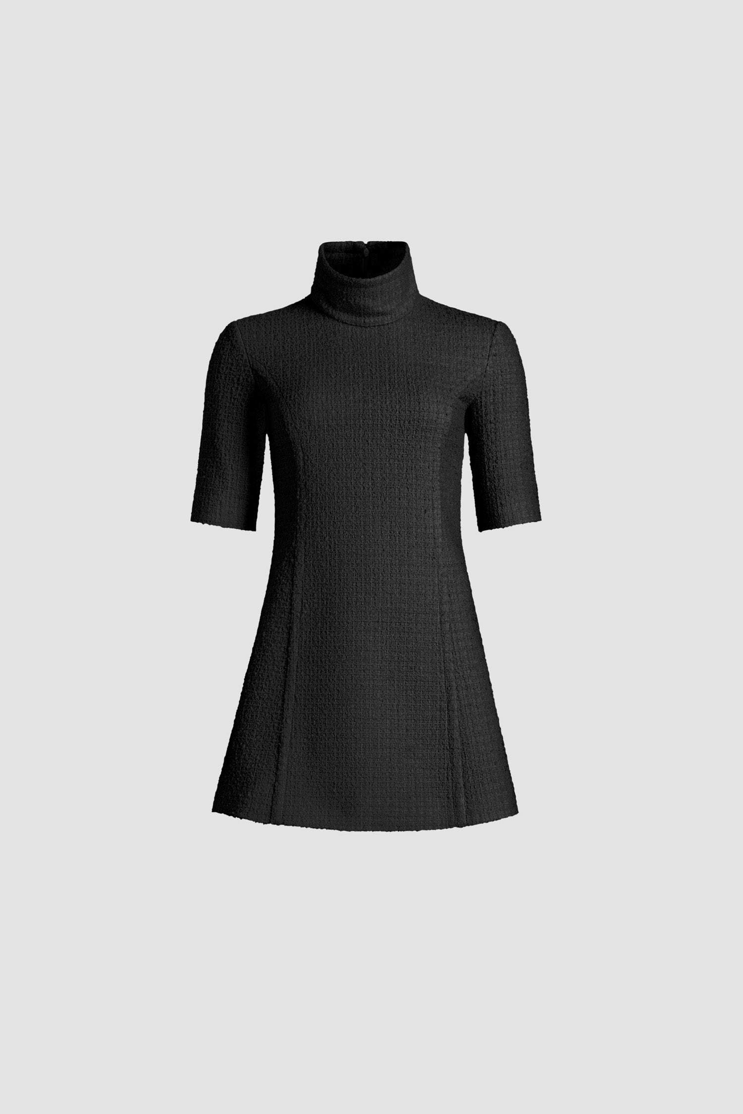 Patou - High neck mini dress in sustainable wool blend tweed - Black - Black sustainable wool blend tweed dress. Short length. High neck. Zip fastening at the back. Mid-length sleeves. Curved seams at the front and back. Lined.
