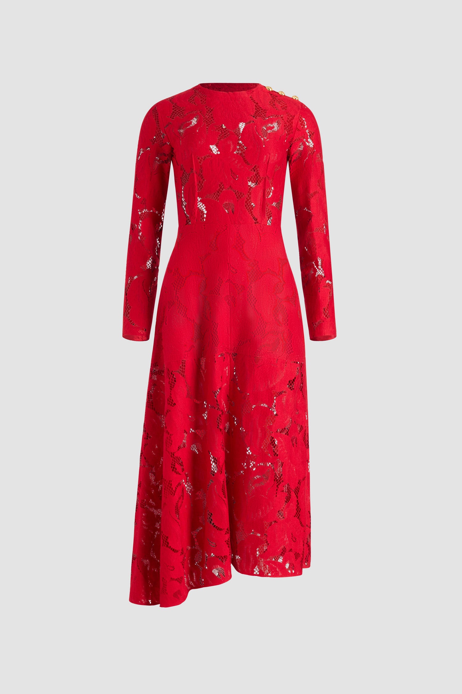 Patou - オーガニックコットンブレンド レース アシンメトリーミディドレス - Babylone Red - バビロンレッドのオーガニックコットン混紡レース。ミディ丈。片側にドレープ付きのアシンメトリーなシルエット。ラウンドネック。ショルダーにゴールドトーンの半球型JPモノグラム刻印入りボタン。サイドにポケット。部分的に裏地付き。