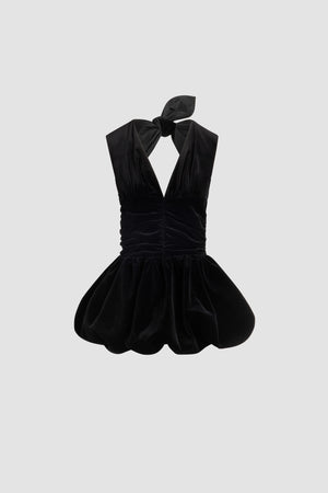 Backless mini dress with bow in organic cotton velvet