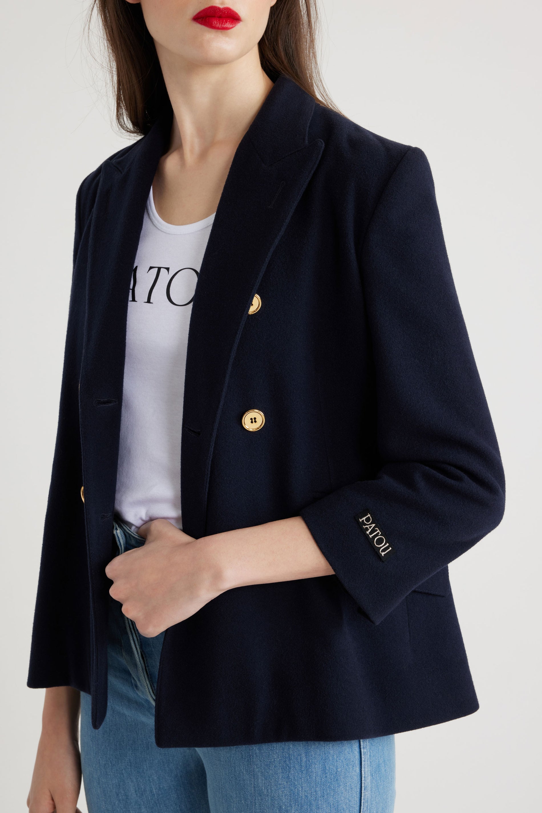 Patou - Double-breasted wool and cashmere jacket - Navy - A touch of gold lightens up classic tailoring!Double-breasted virgin wool and cashmere jacket. Engraved gold buttons at the front and on the cuffs. Tailor-style Patou label on the sleeve. Two flap pockets at the front, one internal pocket. Single high vent at the back with button fastening. Fully lined