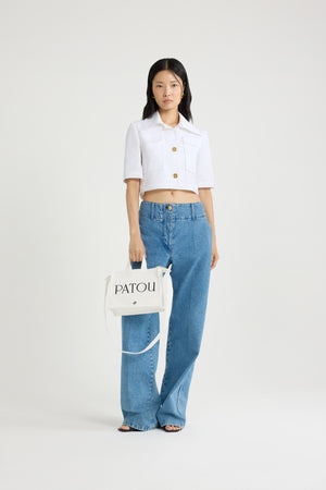 Short-sleeved cropped jacket in organic cotton gabardine