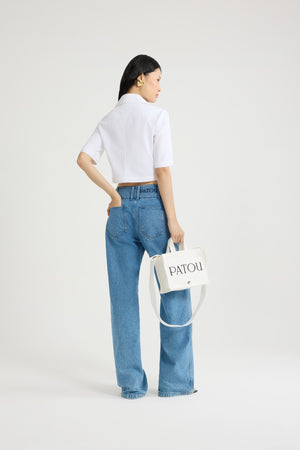Short-sleeved cropped jacket in organic cotton gabardine