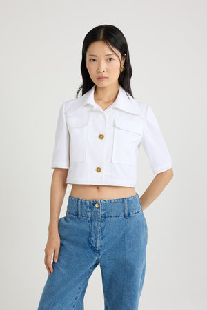Short-sleeved cropped jacket in organic cotton gabardine