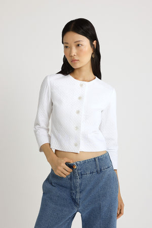 Boxy collarless jacket in quilted sustainable viscose blend
