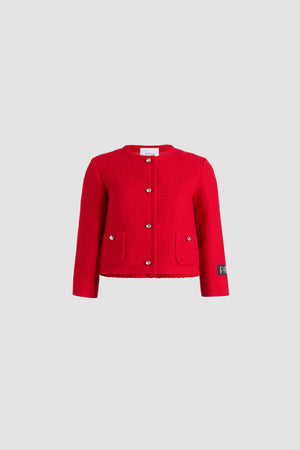 Short collarless jacket in sustainable wool blend tweed