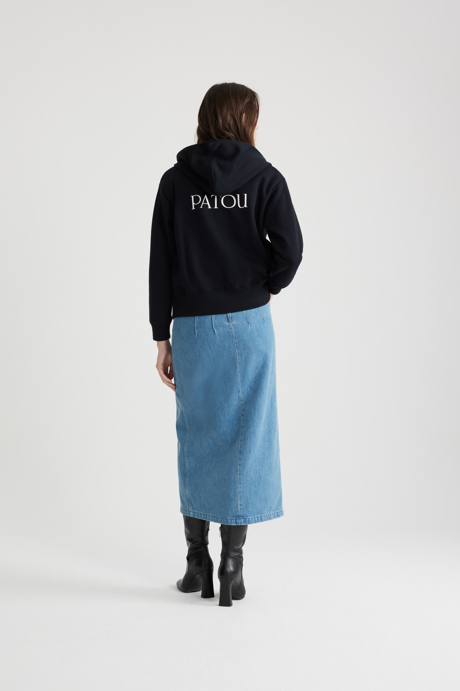 Patou - Organic cotton Patou zip-up hoodie - Black - The girl with the Patou hoodie.Black organic cotton zip up hoodie. Exaggerated grosgrain ties designed to hang loose at the front. Gold-coloured zip with stylised logo pull tab. Lettering logo in white at the back. Ribbed cuffs and waistband.