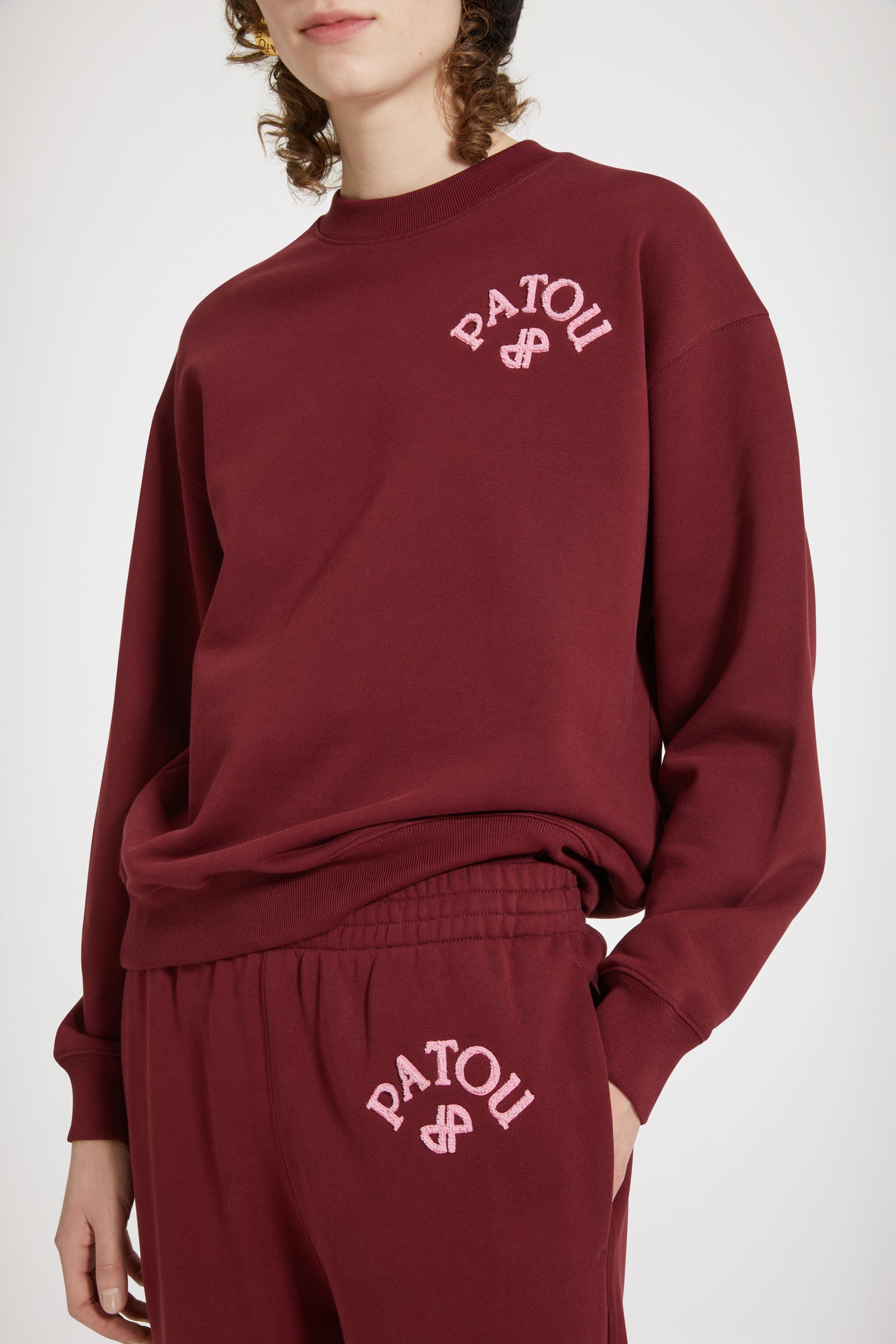 Patou - Patou bouclette sweatshirt in organic cotton - Ruby Wine - Bouclette, c'est chouette!Ruby Wine organic cotton sweatshirt. Crewneck. Ribbed collar, cuffs and waist. 3D mélange bouclette Patou and JP embroidery at the chest.