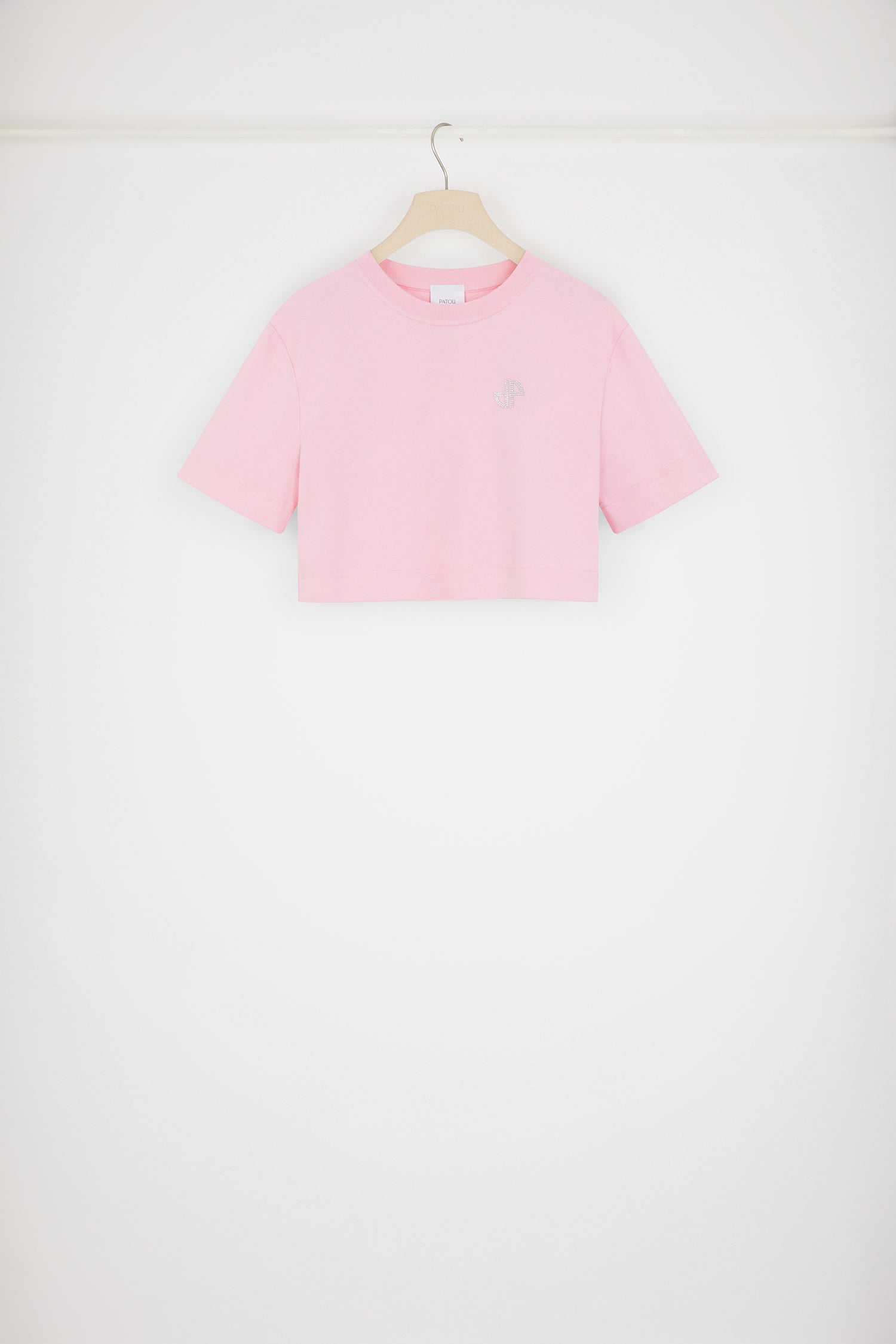 Patou - Embellished Patou cropped t-shirt in organic cotton - Pink - Shiny happy Patou people.Pink organic cotton t-shirt. Regular fit. Cropped length. Crewneck. Crystal JP at the chest and Patou at the back.