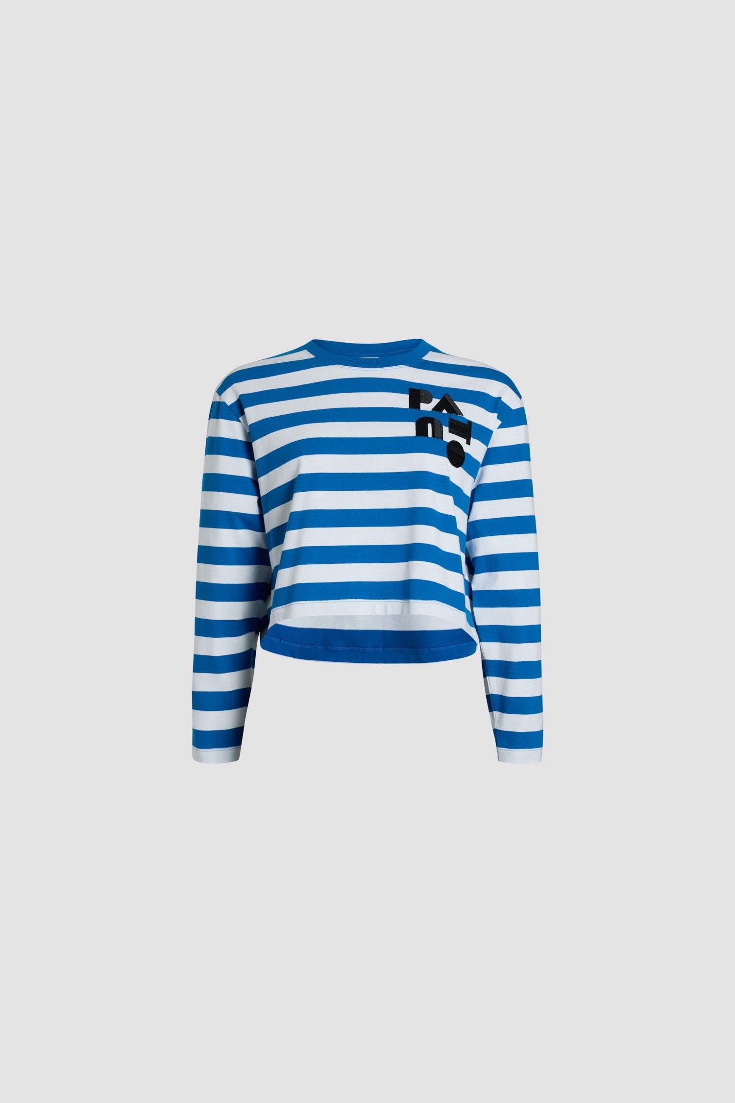 Patou - Cropped Breton stripe top in organic cotton - Victoria Blue Stripes - Victoria Blue and white organic cotton top. Heavyweight jersey. Wide Breton stripes. Cropped length. Crewneck. Long sleeves. Art Deco Patou at the chest.This style is cropped.