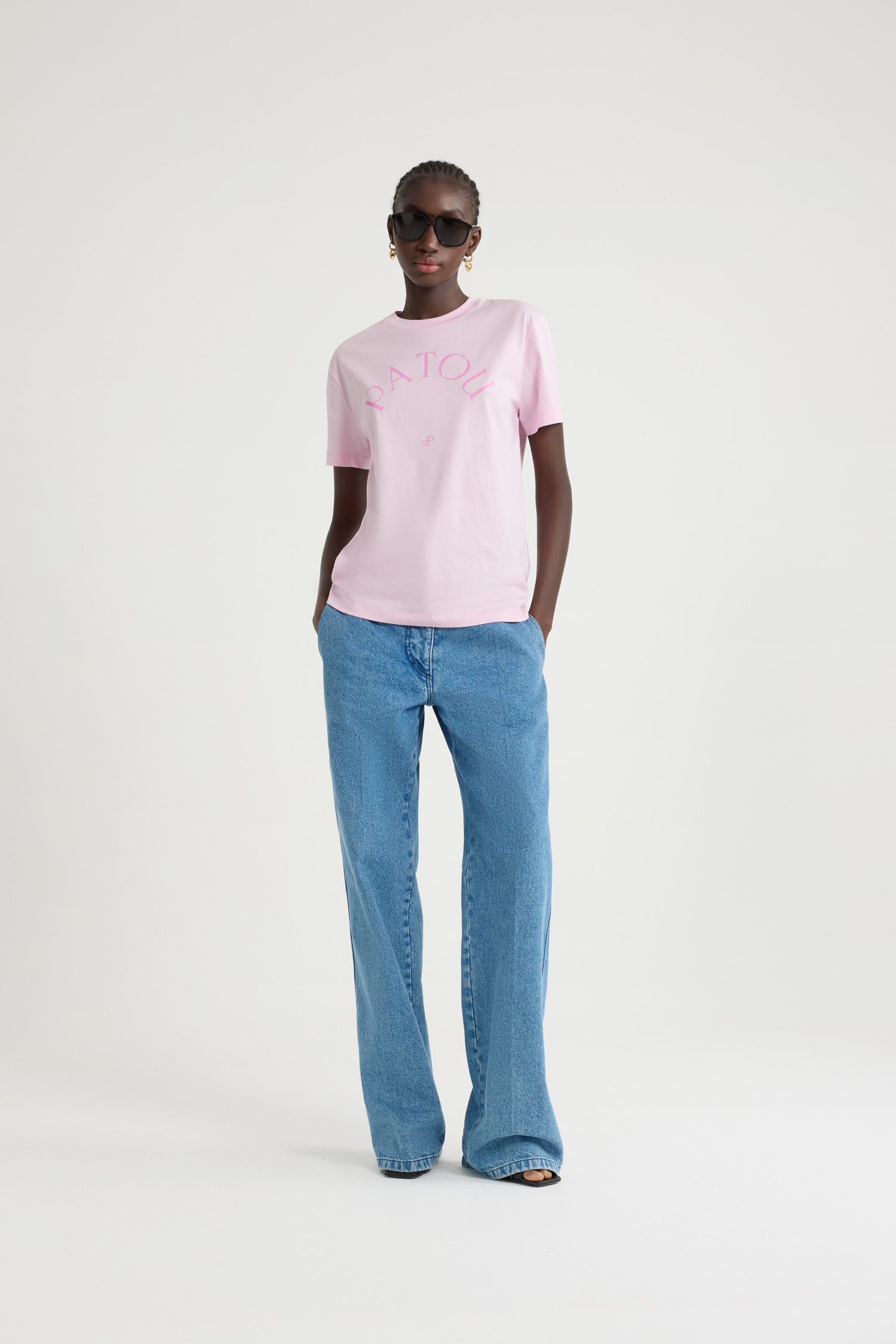 Patou - Patou logo and JP monogram t-shirt in organic cotton - Primrose Pink - Primrose Pink organic cotton t-shirt. Crewneck. Patou logo and JP monogram printed at the front.