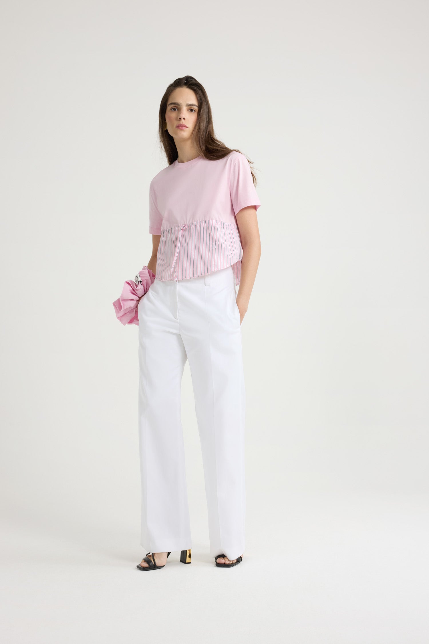Patou - Hybrid t-shirt in organic cotton - Primrose Pink - Primrose Pink organic cotton t-shirt. Hybrid construction with a striped poplin hem. Crewneck. Drawstring waist. Embroidered JP monogram at the front.