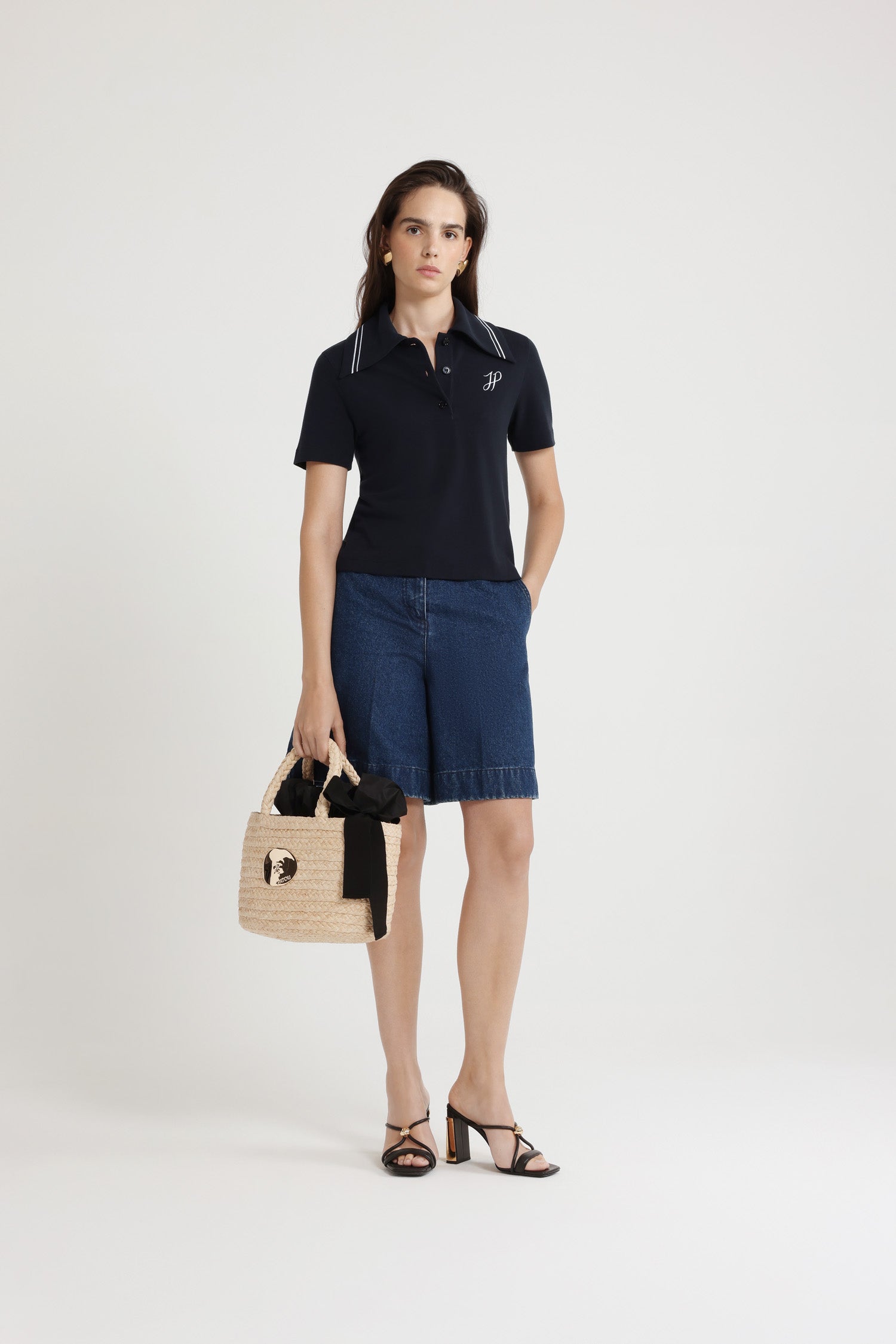 Patou - JP monogram embroidery polo shirt in piqué organic cotton - Navy Black - Navy Black piqué organic cotton polo shirt. Embroidered stripes on the collar. Embroidered JP calligraphy monogram at the chest.