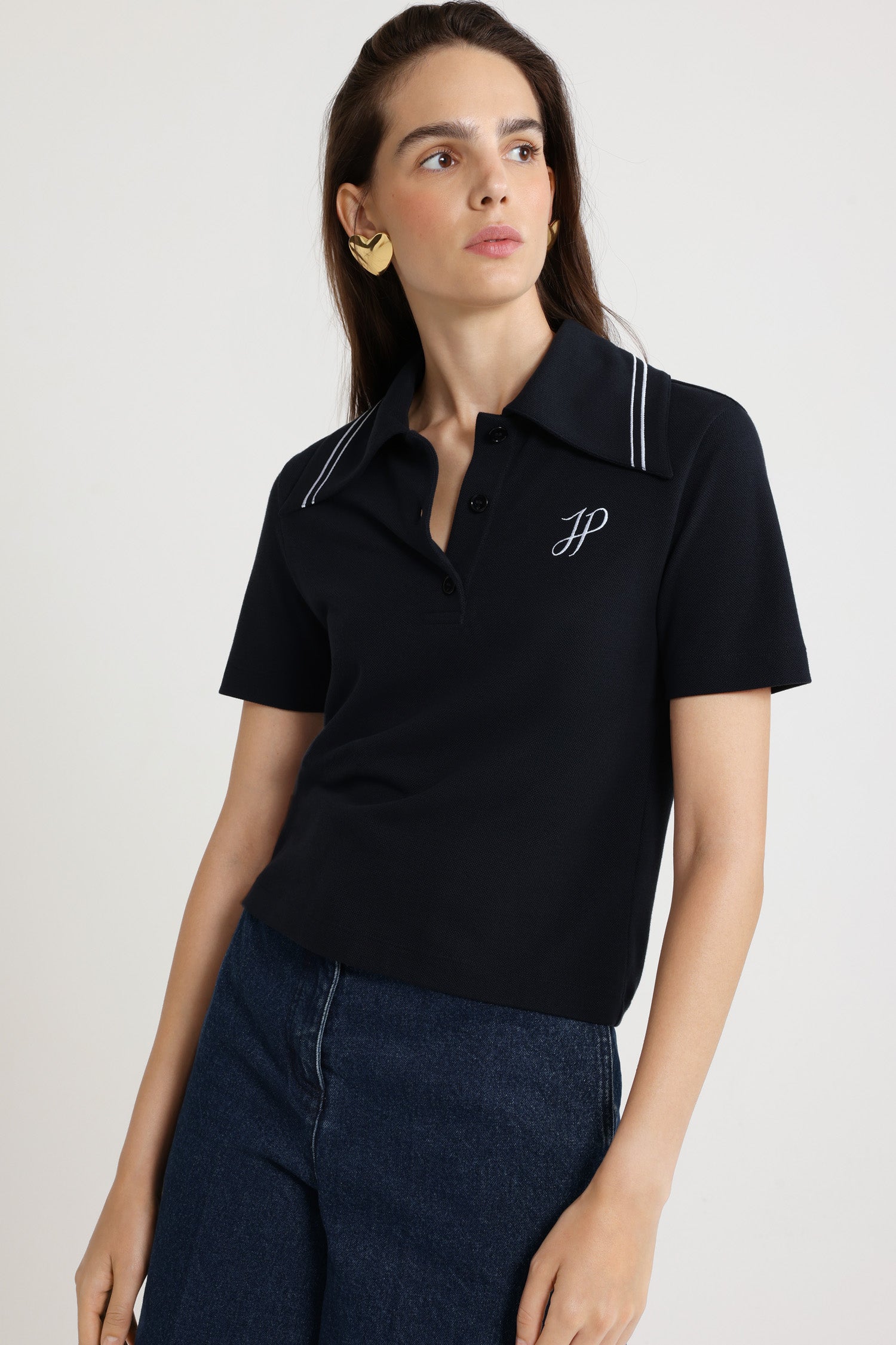 Patou - JP monogram embroidery polo shirt in piqué organic cotton - Navy Black - Navy Black piqué organic cotton polo shirt. Embroidered stripes on the collar. Embroidered JP calligraphy monogram at the chest.