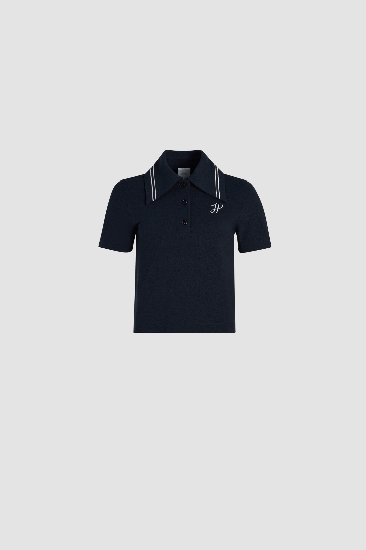 Patou - JP monogram embroidery polo shirt in piqué organic cotton - Navy Black - Navy Black piqué organic cotton polo shirt. Embroidered stripes on the collar. Embroidered JP calligraphy monogram at the chest.